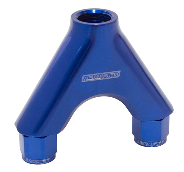 Billet Y-Block with Female Flare   Blue Finish. 2 x -8AN Female, 1 x -10AN Male