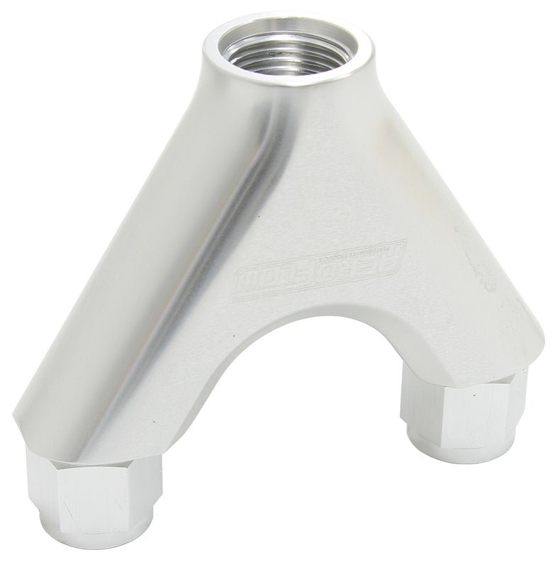 Billet Y-Block with Female Flare   Silver Finish. 2 x -8AN Female, 1 x -10AN Male