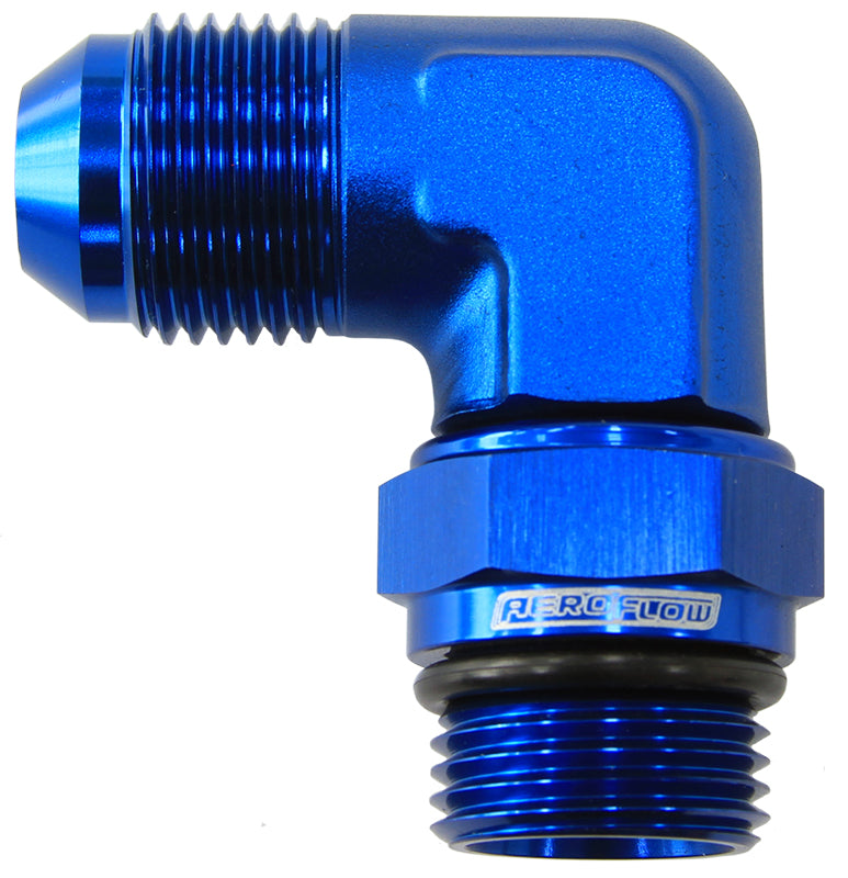 90° ORB Swivel to Male Flare Adapter -6ORB to -6AN  Blue