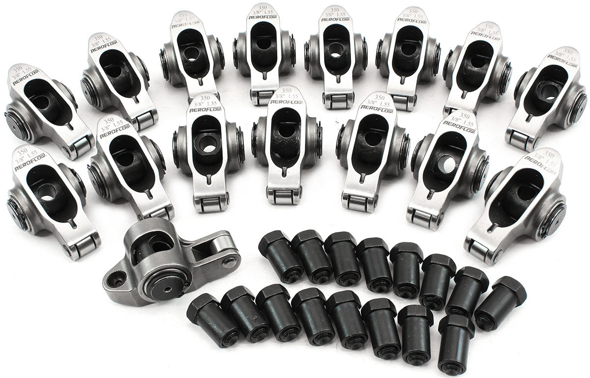 Aeroflow Small Block Chev Stainless Steel Roller Rocker Set  3/8" Stud Mount, 1.55 Ratio, Set of 16