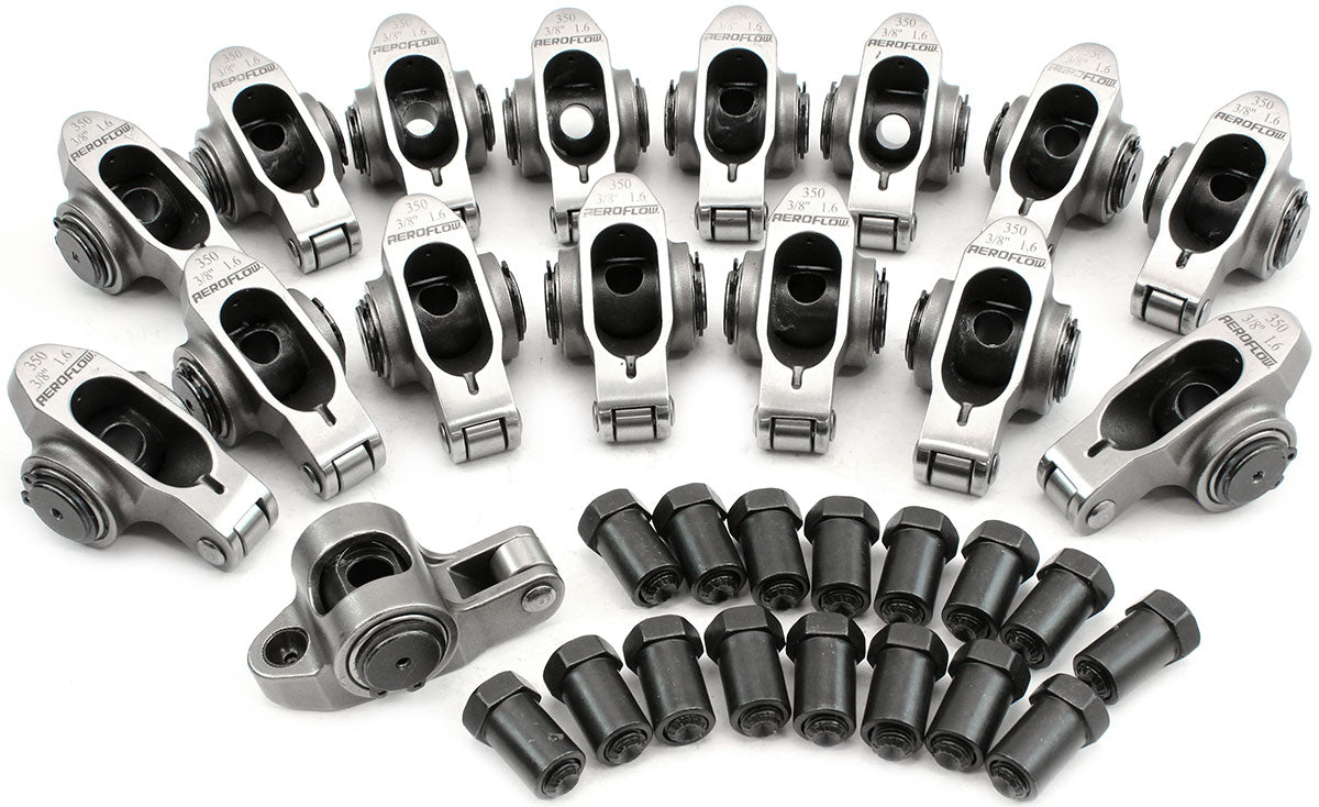 Aeroflow Small Block Chev Stainless Steel Roller Rocker Set  3/8" Stud Mount, 1.60 Ratio, Set of 16