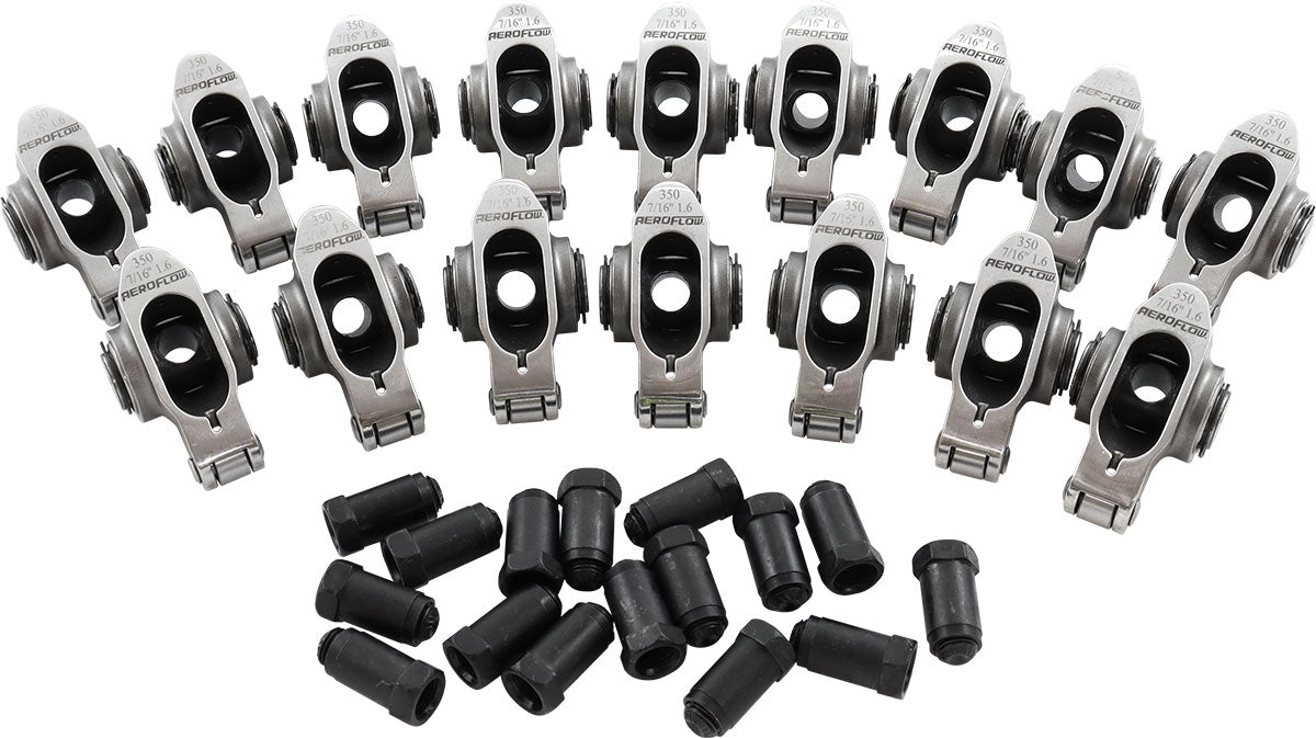Aeroflow Small Block Chev Stainless Steel Roller Rocker Set  7/16" Stud Mount, 1.60 Ratio, Set of 16