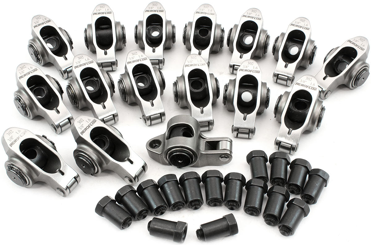 Aeroflow Small Block Ford Windsor 289-351 Stainless Steel Roller Rocker Set  3/8" Stud Mount, 1.60 Ratio, Set of 16