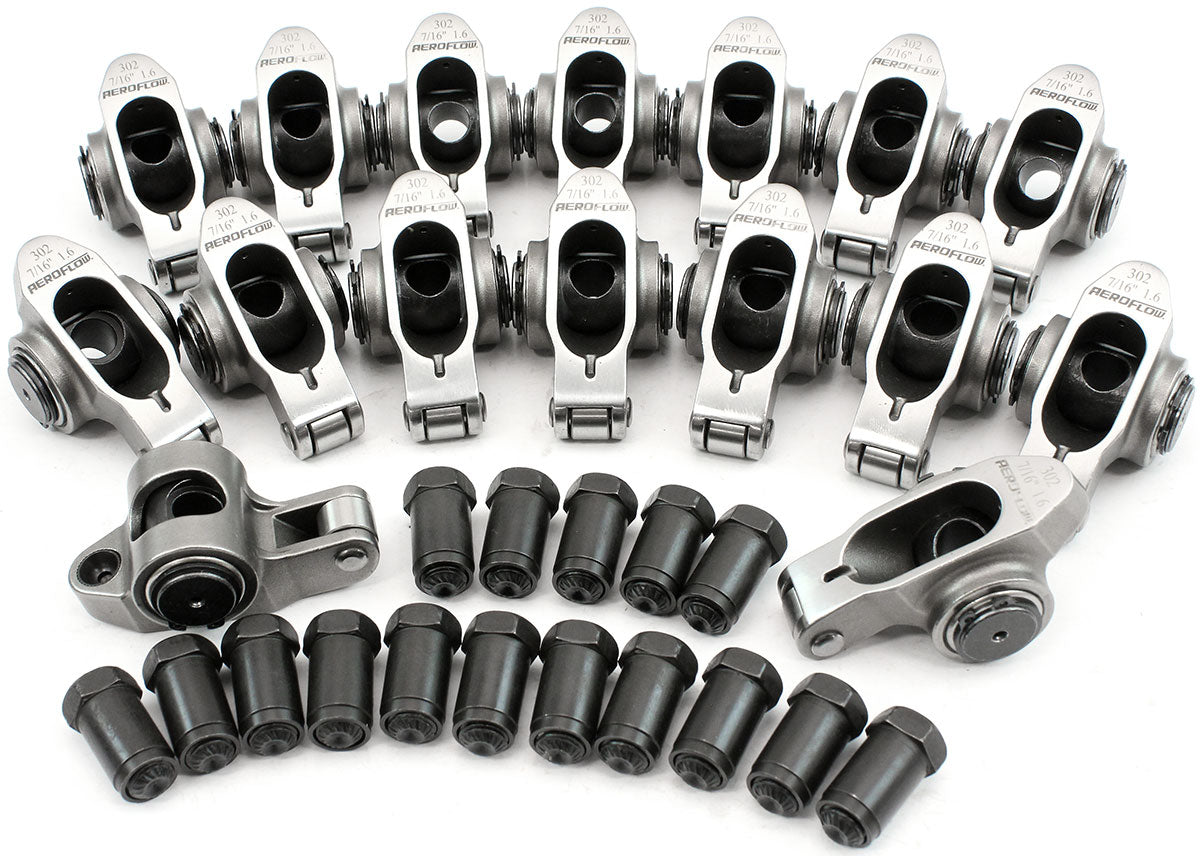 Aeroflow Small Block Ford Windsor 289-351 Stainless Steel Roller Rocker Set  7/16" Stud Mount, 1.60 Ratio, Set of 16