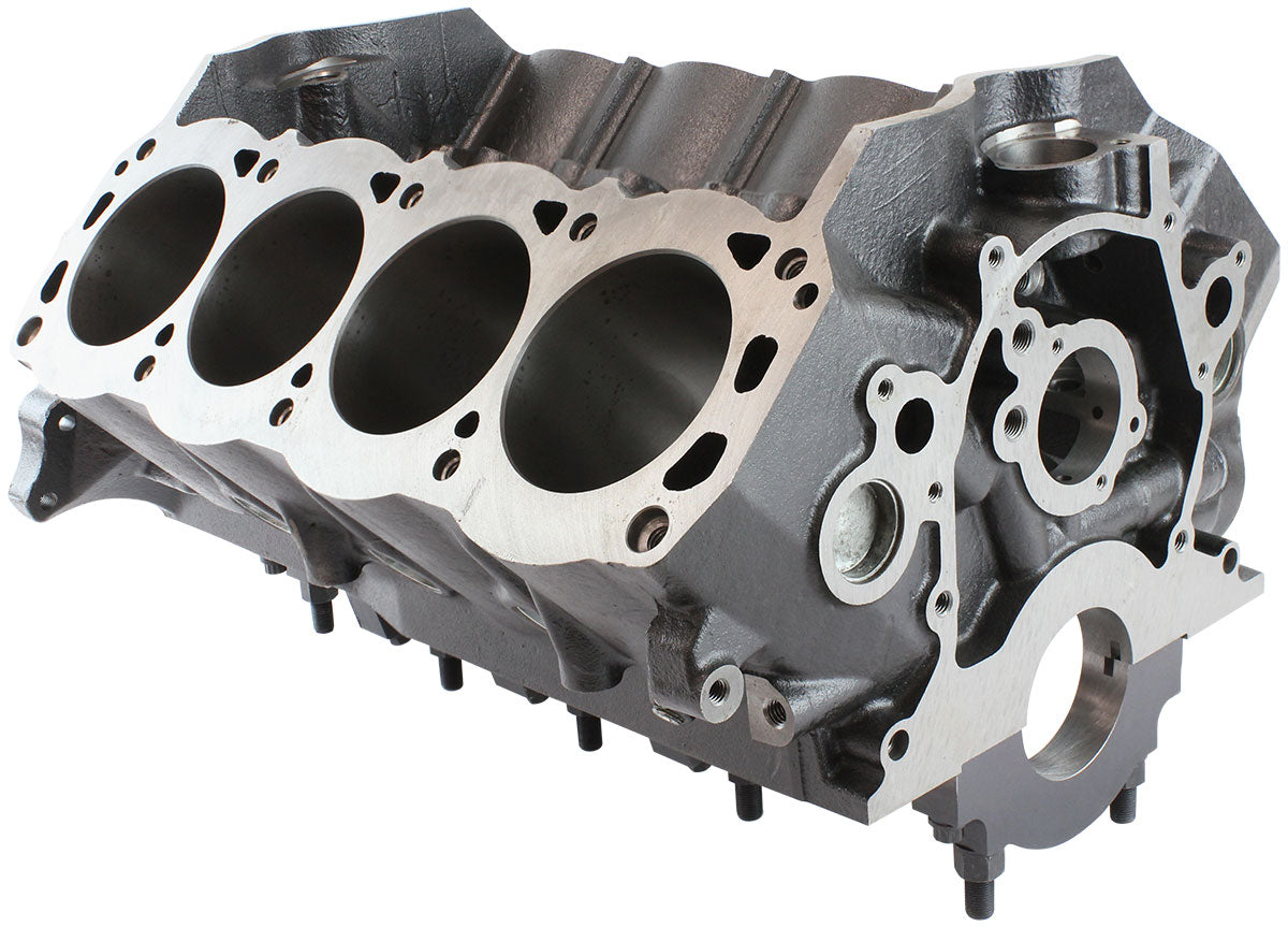 Aeroflow Cast Iron Ford 351W Engine Block, 4.000" Bore  9.500" Deck Height, 351 Cleveland Mains, 4-Bolt Billet Splayed Caps
