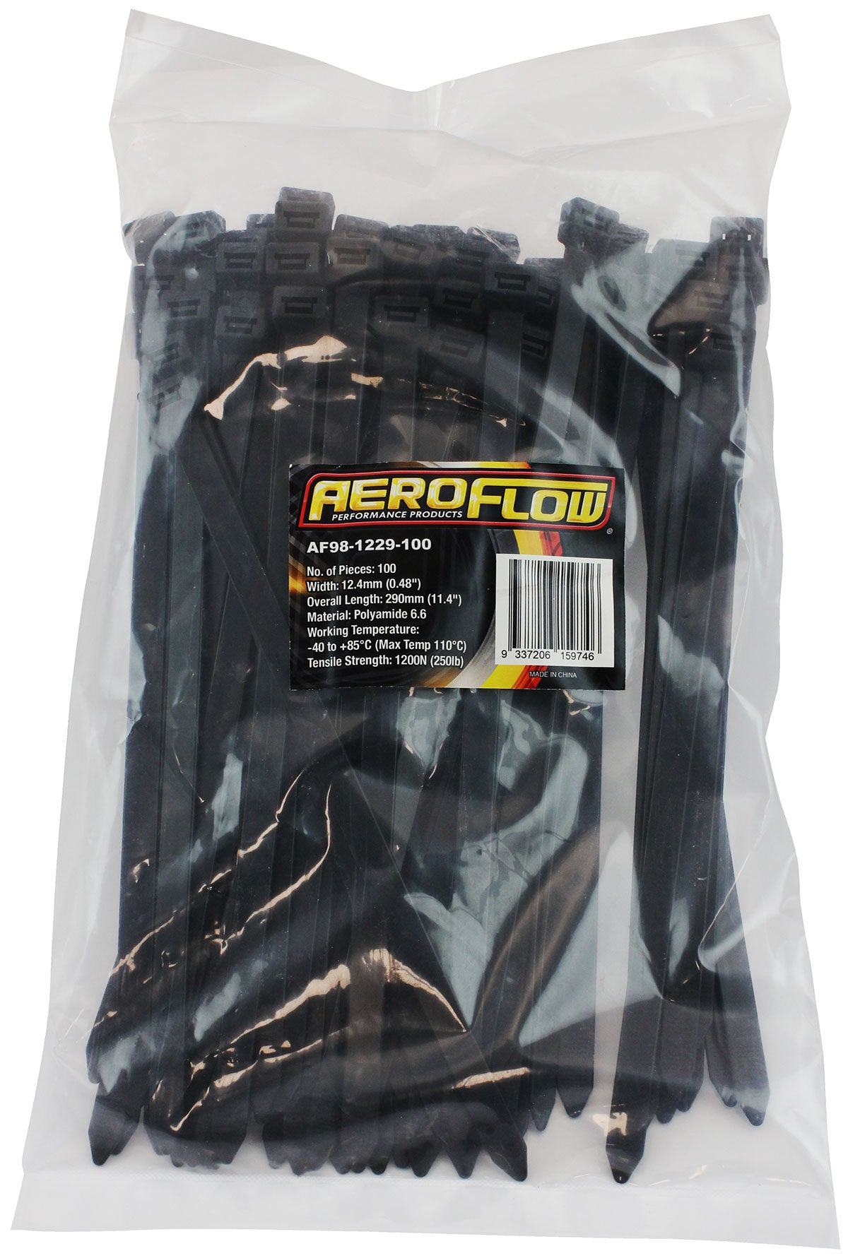 Standard Cable Ties 12.4mm Wide x 290mm Long - 100 Pack   Nylon 66 Material, Black Colour