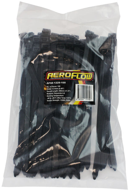 Standard Cable Ties 12.4mm Wide x 290mm Long - 100 Pack   Nylon 66 Material, Black Colour