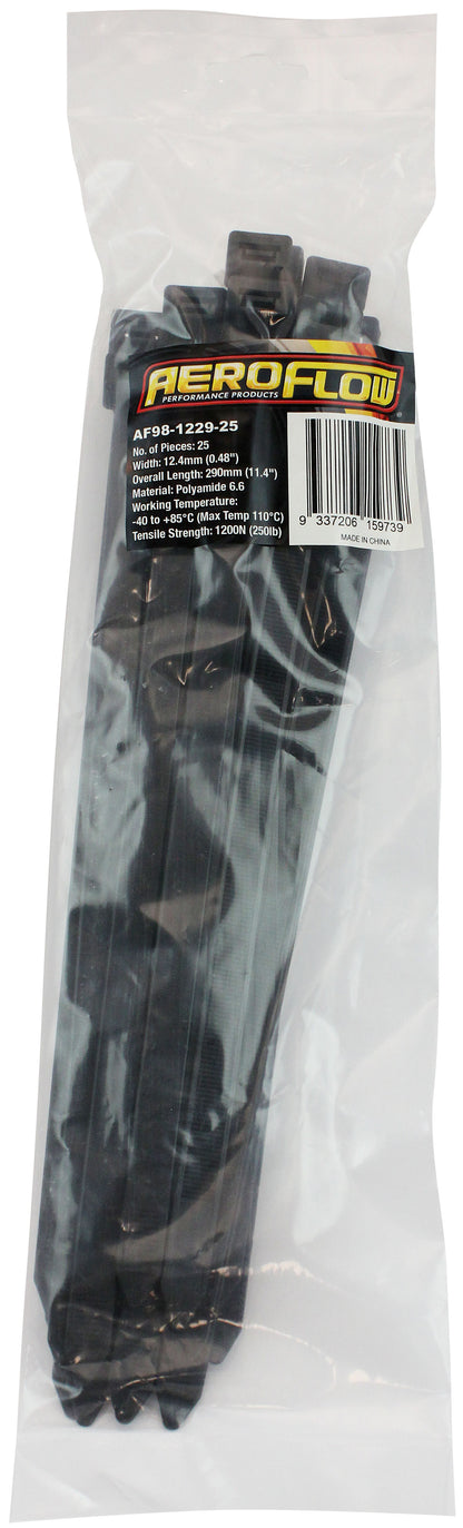 Standard Cable Ties 12.4mm Wide x 290mm Long - 25 Pack   Nylon 66 Material, Black Colour