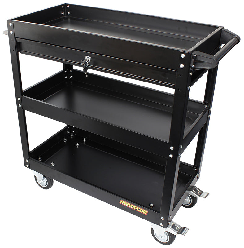 Aeroflow 3 Tier Workshop Trolley with Lockable Drawer   Black Powder Coated Finish, Heavy Duty Wheels