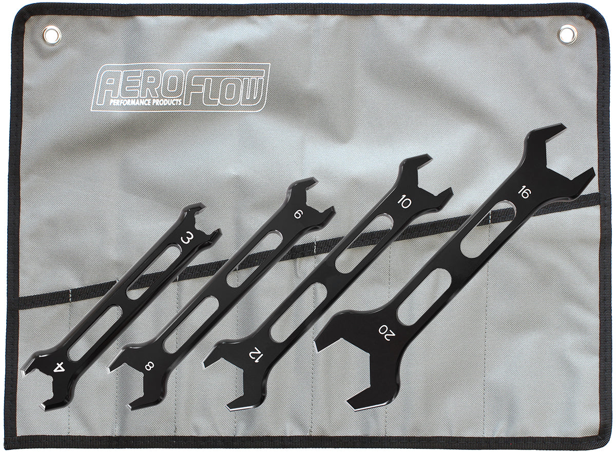 Aeroflow Aluminium AN Double Ended Pro Spanner Set -3AN to -20AN  Black Finish, With Grey Spanner Bag