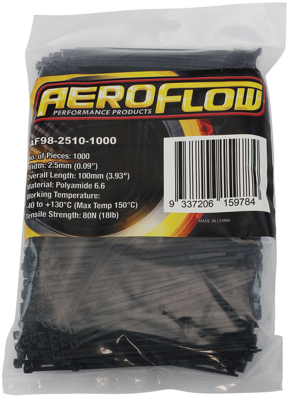 Heat Resistant Cable Ties 2.5mm Wide x 100mm Long - 1000 Pack   Nylon 46 Material, Black Colour