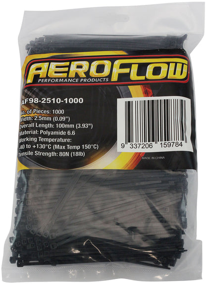 Heat Resistant Cable Ties 2.5mm Wide x 100mm Long - 1000 Pack   Nylon 46 Material, Black Colour