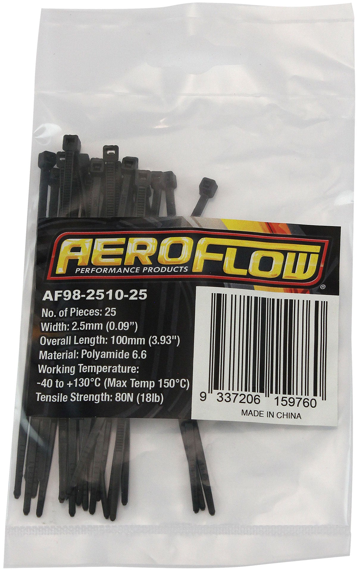 Heat Resistant Cable Ties 2.5mm Wide x 100mm Long - 25 Pack   Nylon 46 Material, Black Colour