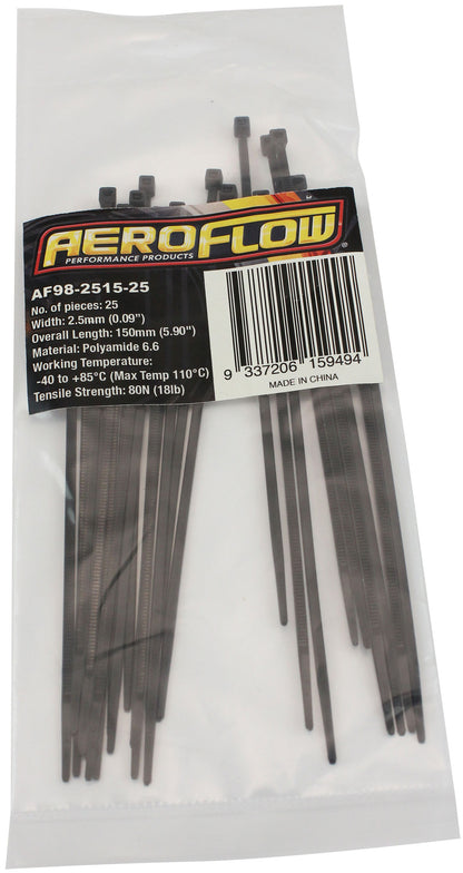 Standard Cable Ties 2.5mm Wide x 150mm Long - 25 Pack   Nylon 66 Material, Black Colour