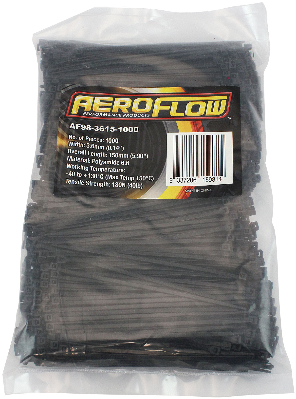 Heat Resistant Cable Ties 3.6mm Wide x 150mm Long - 1000 Pack   Nylon 46 Material, Black Colour