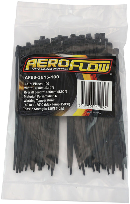 Heat Resistant Cable Ties 3.6mm Wide x 150mm Long - 100 Pack   Nylon 46 Material, Black Colour