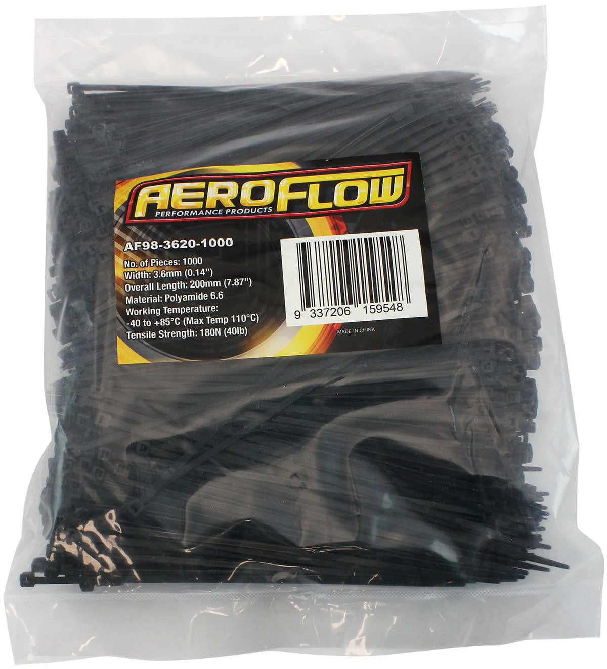 Standard Cable Ties 3.6mm Wide x 200mm Long - 1000 Pack   Nylon 66 Material, Black Colour