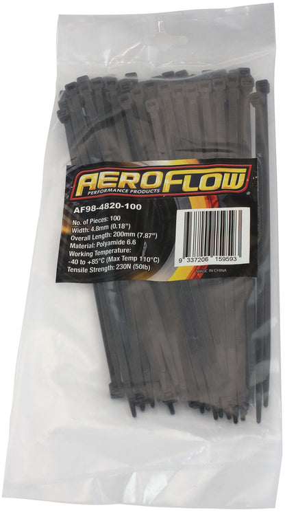 Standard Cable Ties 4.8mm Wide x 200mm Long - 100 Pack   Nylon 66 Material, Black Colour
