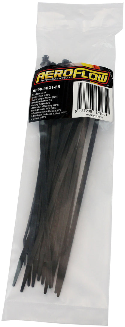 One Piece Fixed Fir Tree Cable Ties 4.8mm Wide x 210mm Long - 25 Pack   Nylon 66 Material, Black Colour