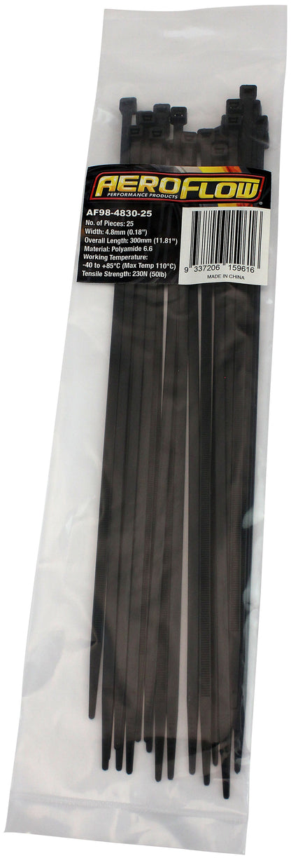 Standard Cable Ties 4.8mm Wide x 300mm Long - 25 Pack   Nylon 66 Material, Black Colour