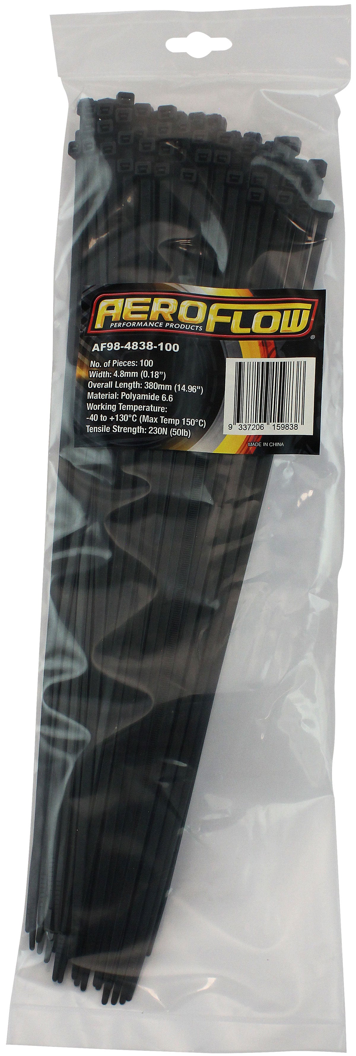 Heat Resistant Cable Ties 4.8mm Wide x 380mm Long - 100 Pack   Nylon 46 Material, Black Colour