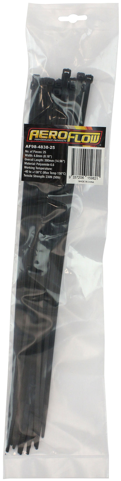 Heat Resistant Cable Ties 4.8mm Wide x 380mm Long - 25 Pack   Nylon 46 Material, Black Colour