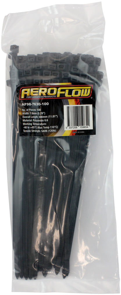Standard Cable Ties 7.6mm Wide x 300mm Long - 100 Pack   Nylon 66 Material, Black Colour