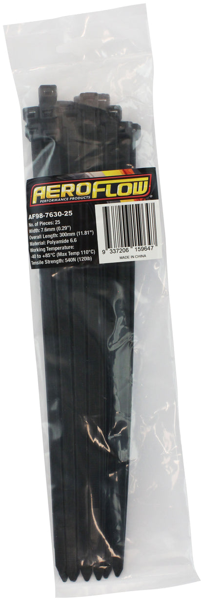 Standard Cable Ties 7.6mm Wide x 300mm Long - 25 Pack   Nylon 66 Material, Black Colour