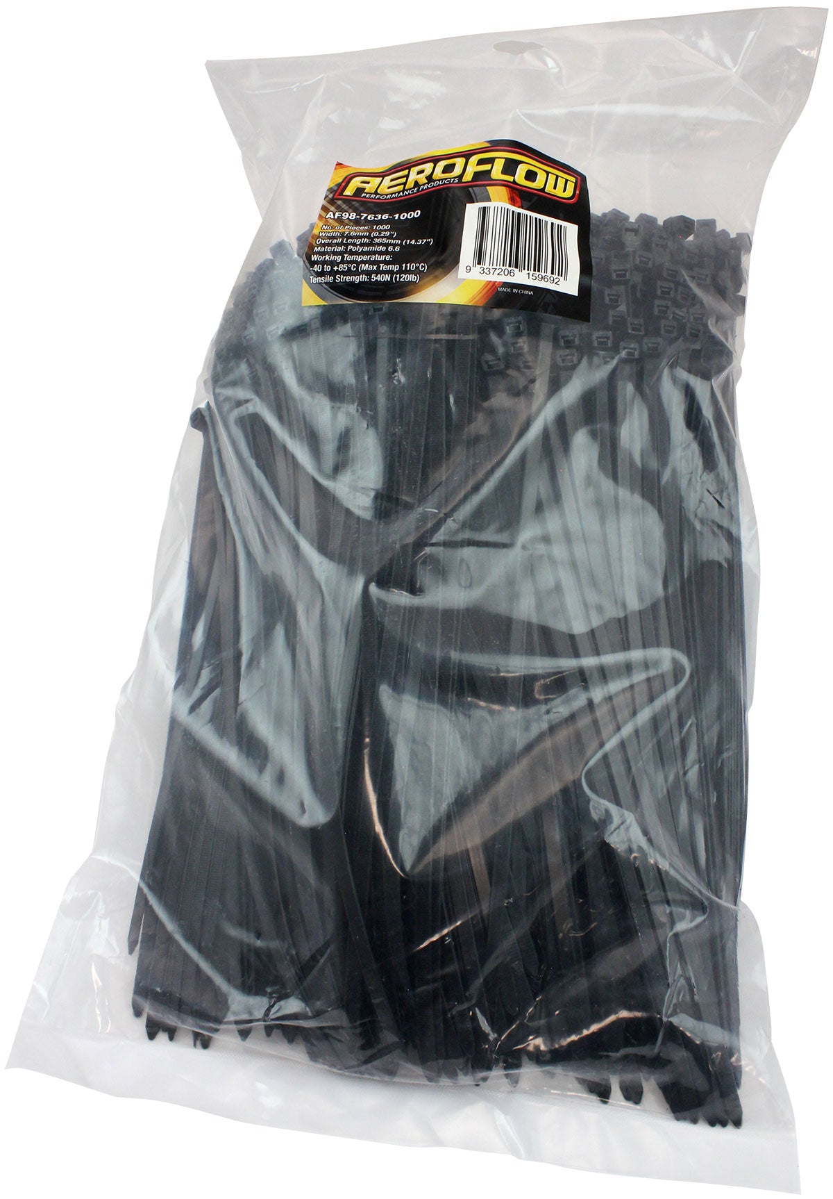 Cable Ties 7.6mm Wide x 365mm Long - 1000 Pack   Nylon 66 Material, Black Colour