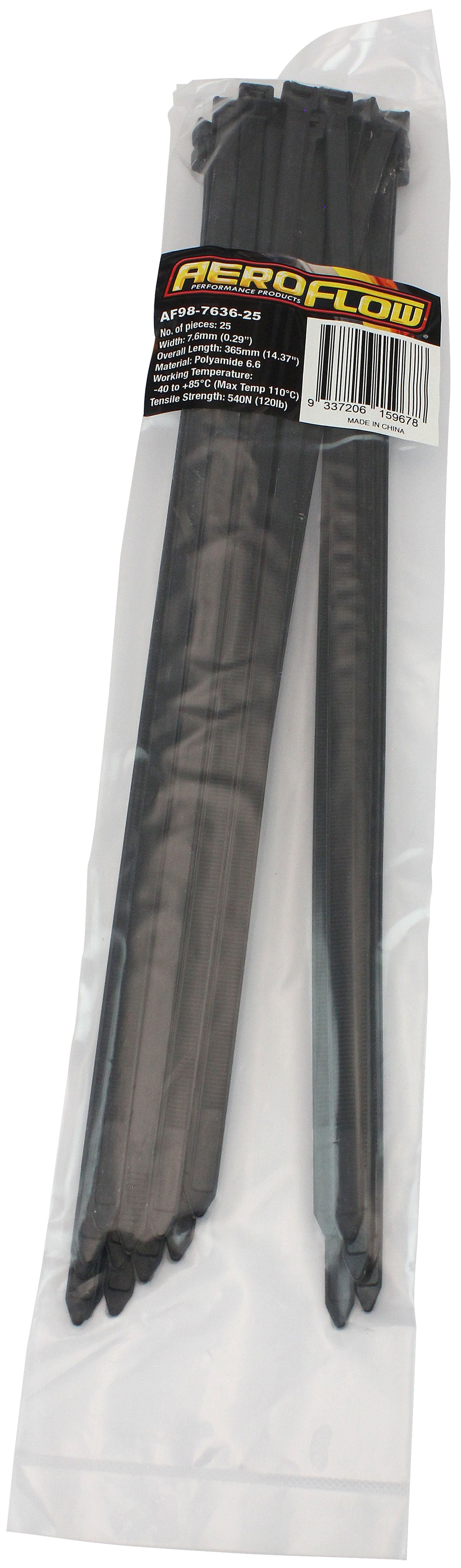 Cable Ties 7.6mm Wide x 365mm Long - 25 Pack   Nylon 66 Material, Black Colour