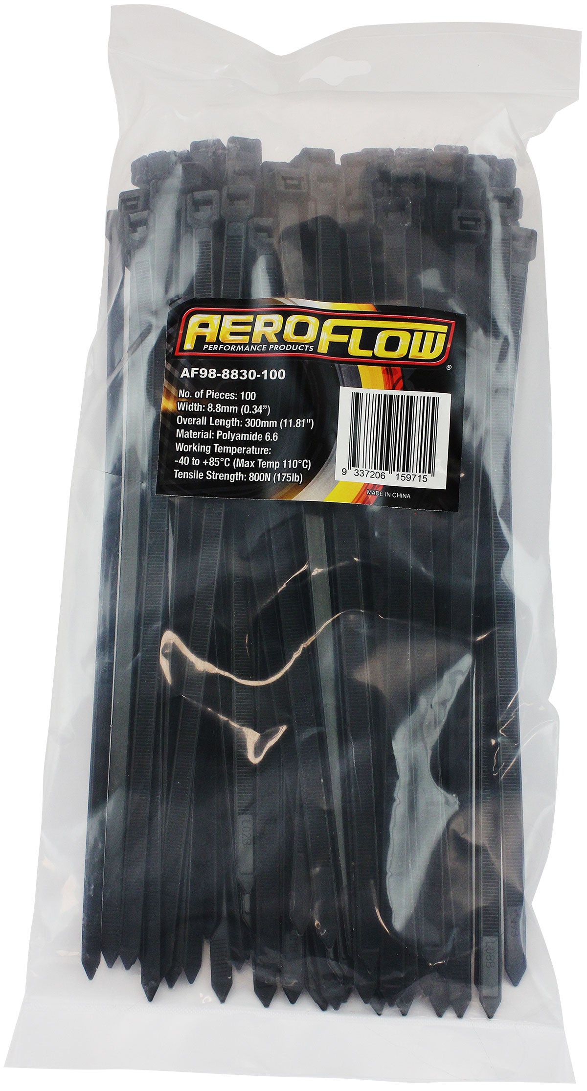 Standard Cable Ties 8.8mm Wide x 300mm Long - 100 Pack   Nylon 66 Material, Black Colour