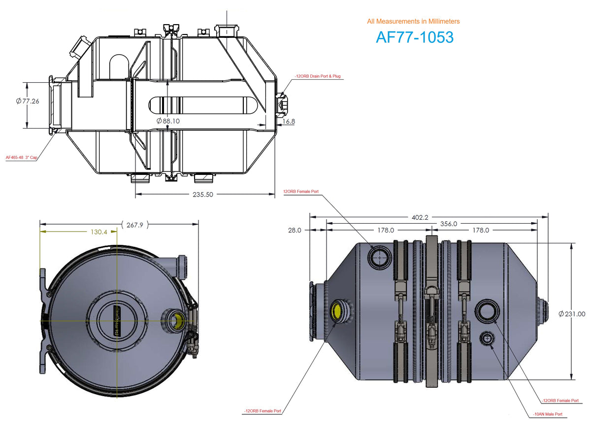 Aeroflow Dry Sump Tank - 11.3 Litre (3 Gallon), Raw Aluminium Finish    16" (406mm) Height x 9" (228mm) Diameter